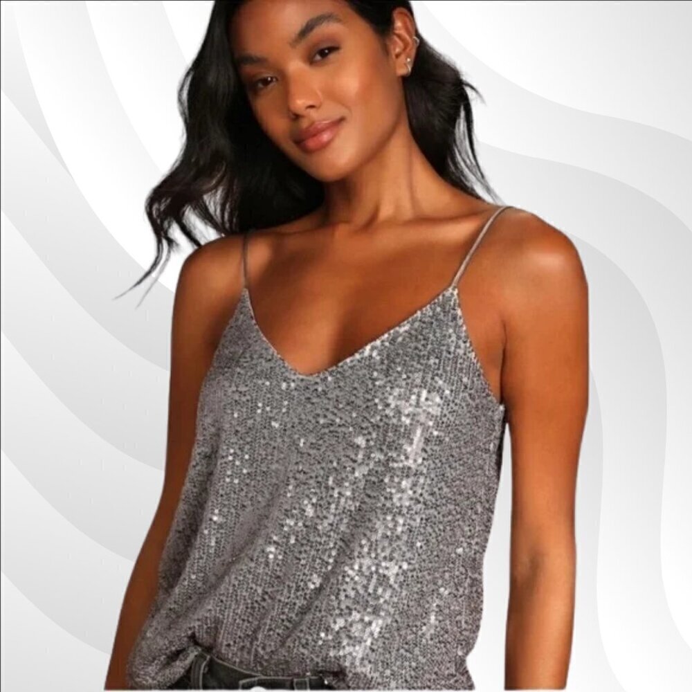2/$30 Lulus Sparkling Glimpse Grey Sequin Sleeveless Cami Top Size S